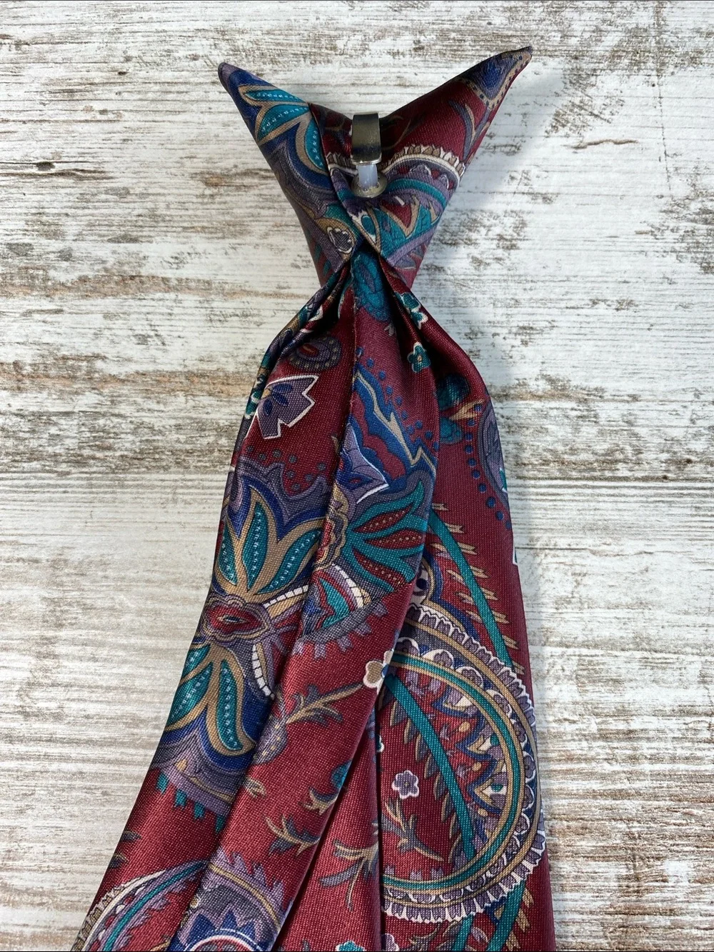The Men's Store Clip-On 90s Burgundy and Teal Paisley Silk Tie